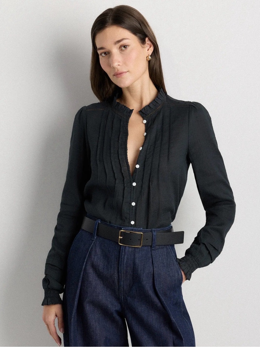 Quince Black Button-Down Pintuck Blouse